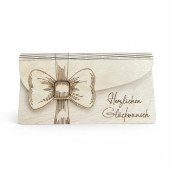 Geöffneter Holz‑Umschlag aus Sperrholz mit Innenfach für Geldschein oder persönliche Botschaft